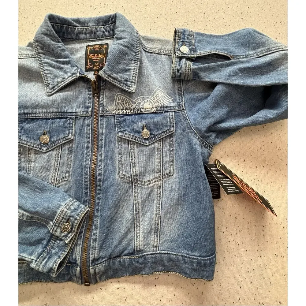 Von Dutch Originals Denim Jacket Mens Medium M Blue Full Zip Flying Eyeball Y2K